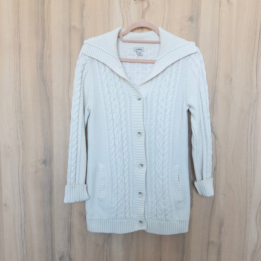 L.L. Bean Womens Cable Knit Cardigan‎ S Cream Cotton Preppy Minimalist Coastal
